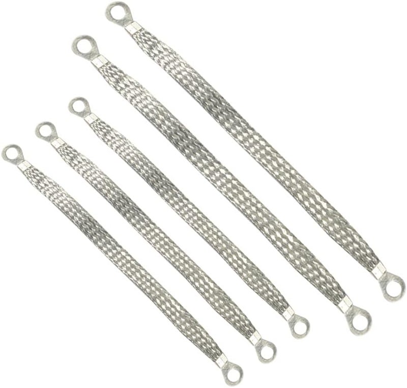 Reswish Universal Flat Braided Copper Ground Strap,Professional Vehicle Grounding Cable Straps with Terminals Plugs,Tinplate Silver Color Automotive Engine Copper Ground Strap for Most Cars - Image 1